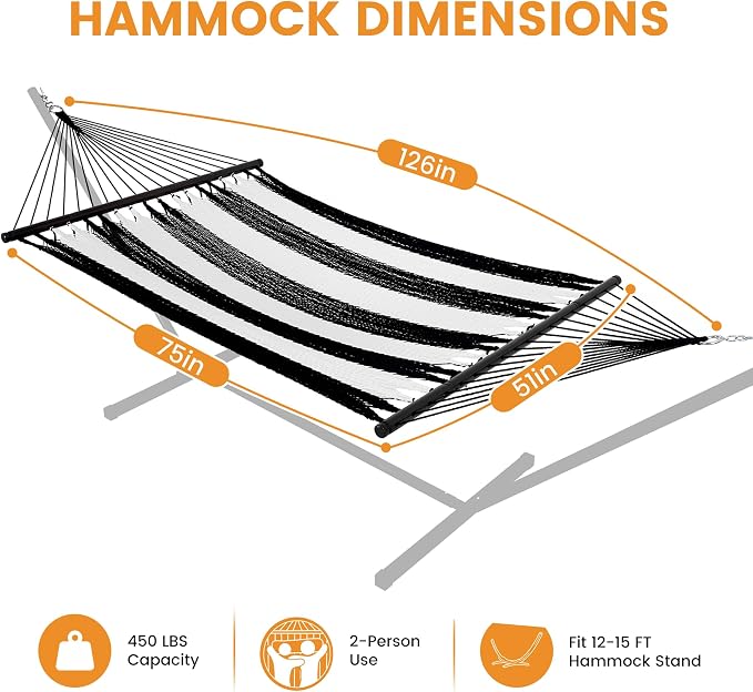 Lazy Daze Hammocks 10.5 FT Double 2 Person Caribbean Rope Hammock, Hand Woven Polyester Hammock with Spreader Bars, for Outside Outdoor Backyard Patio Poolside, 450 LBS Capacity, Black/White