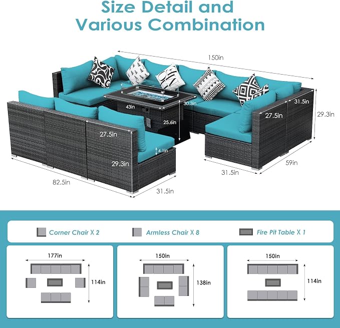 BULEXYARD 11 Piece High Back Patio Furniture Set with Fire Pit Table, Large Comfy Deep Wide Seat Outdoor Sectional Sofa, All-Weather Wicker Modular Conversation Couch 10-Seats for Outside, Grey & Teal