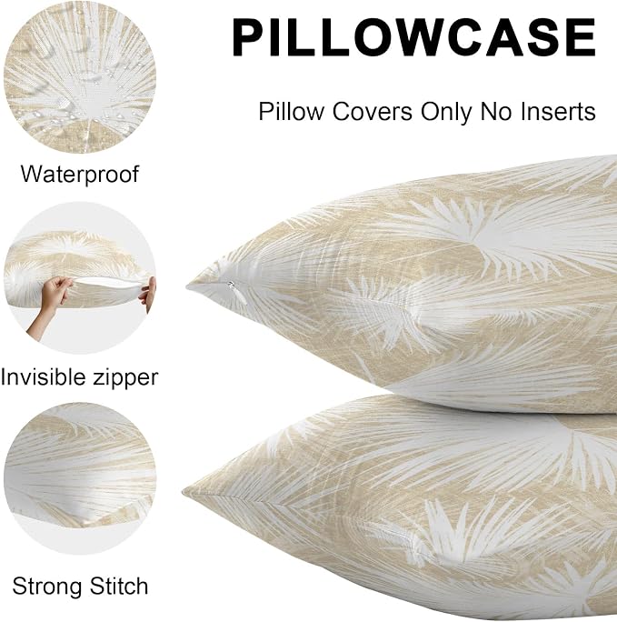 Throw Pillow Covers 18x18 Inch Set of 2, Cream Palm Leaves Coastal Waterproof Outdoor Pillow Covers, Summer Tropical Botanical Boho Decorative Cushion Pillowcases for Couch, Sofa, Bed, Garden, Patio