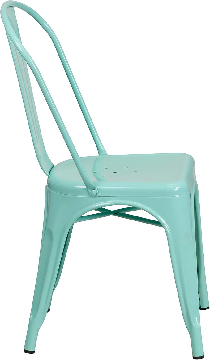EMMA + OLIVER Commercial Grade Square Mint Green Metal Indoor-Outdoor Table Set-4 Stack Chairs
