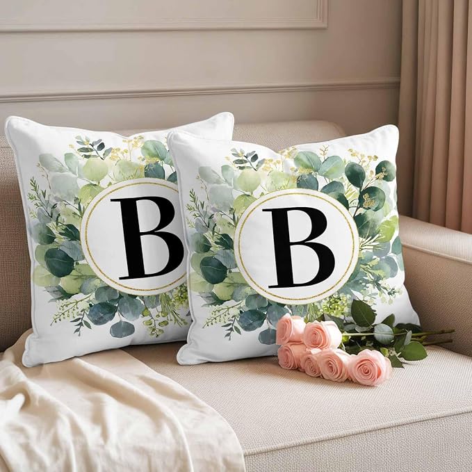 Letter B Waterproof Outdoor Pillow Covers Set of 2 Home Decor, Alphabet Green Eucalyptus Leaves Pillowcase Patio Pillow Covers for Couch Bench Patio Furniture Garden 24x24in