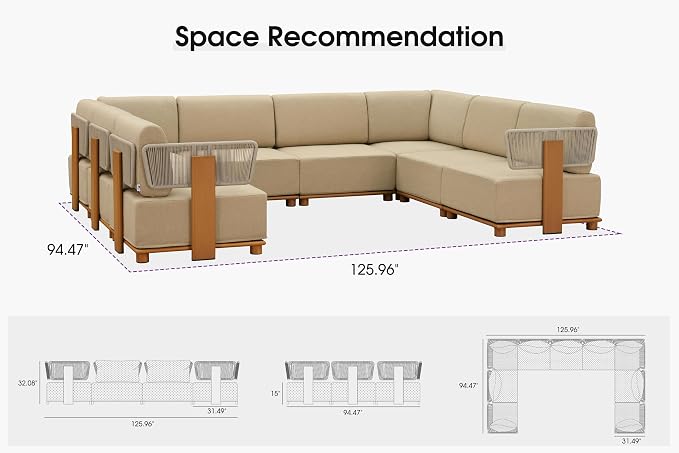 PURPLE LEAF Patio Furniture Set Modular U-Shaped Outdoor Sectional Sofa with 11" Thick Olefin Cushion 8-Piece Outdoor Conversation Set for Patio Backyard Garden Poolside, Beige