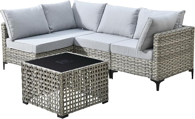 Outdoor Patio Furniture Sets,5 PCS Patio Conversation Set Outside Rattan Sectional Sofa with Coffee Table Fit Backyard Porch Garden Poolside Balcony