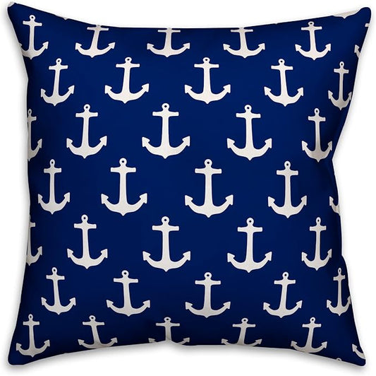 Blue and White Anchor Pattern Indoor/Outdoor Pillow | Decorative Pillows for Living Room Couch Bed Sofa Patio, Fluffy Soft Cushion | Water Resistant Blue, 18x18