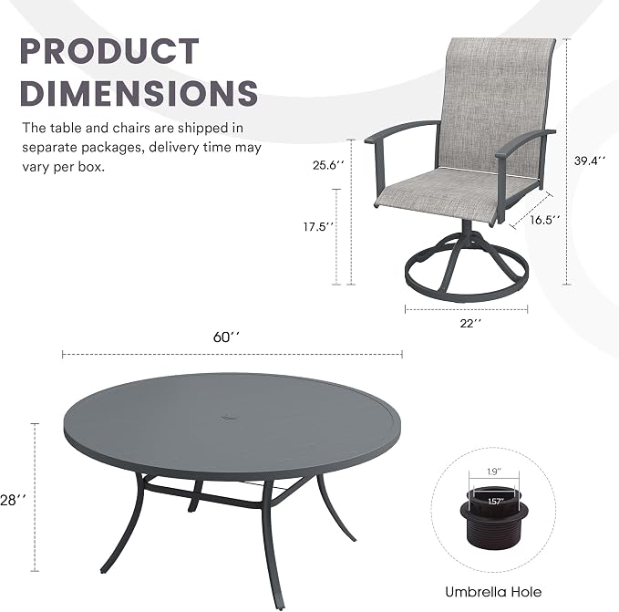 9 Pieces Outdoor Patio Dining Table Set, 60" All Weather Round Metal Table with Umbrella Hole and 8 High Back Textilene Swivel Chairs for Garden, Lawn, Poolside, Grey