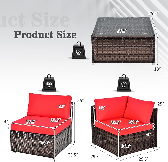 Tangkula 6 Pieces Patio Furniture Set, Outdoor Wicker Conversation Set with Glass Coffee Table, Wicker Sofa Set with Cushions, Rattan Sectional Conversation Set for Backyard Garden Poolside, Red