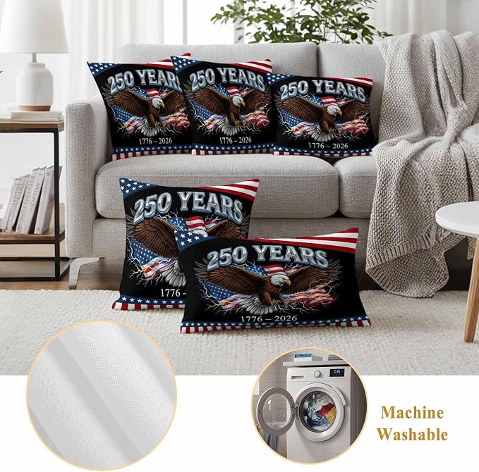 American Flag 4th of July Outdoor Waterproof Throw Pillow Covers 24x24 Set of 2, Independence Day Eagle USA Flag Decorative Pillowcases Cushion Pillowcase for Couch Sofa Patio Outside Pillow Protector