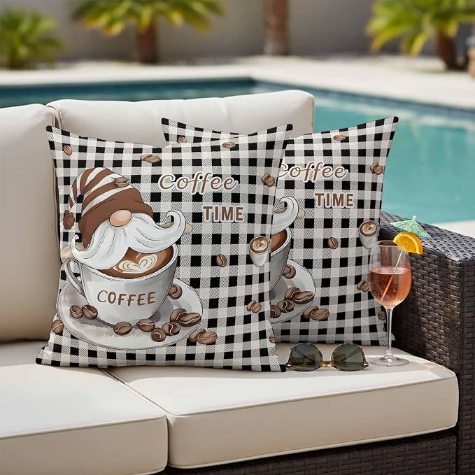 Coffee Gnomes Outdoor Pillow Covers 24x24 Inch Throw Pillow Covers Set of 2 Waterproof Decorative Pillow Cases Farmhouse Brown Bean Plaid Black Grey Cushion Covers for Patio Furniture Garden Couch