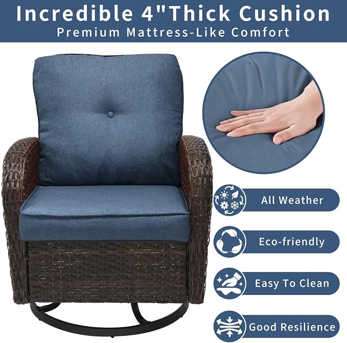 Outdoor Swivel Rocker Patio Chairs 3 Pieces，Swivel Patio Chairs with Cushions，Outdoor Swivel Rocking Chairs Set of 2 with Rattan Side Table，Patio Furniture Set for Outside Porch Deck