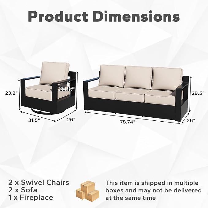 Outdoor Aluminum Furniture Set, 5-Piece Patio Conversation Set, 2 Swivel Chairs, 2 Sofa and 1 Fireplace, All-Weather Metal Frame, 6" Thick Removable Cushions, Deep Setting for Garden and Porch