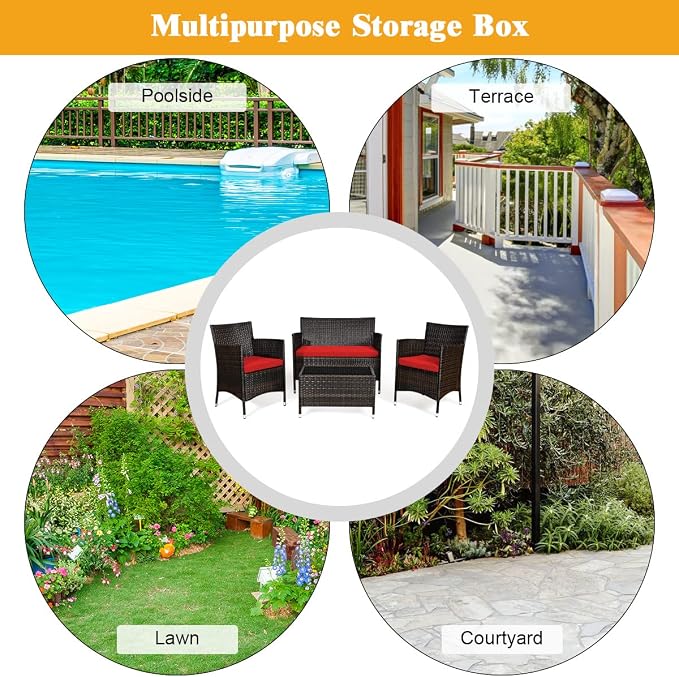 4 Pieces Patio Sofa Set, Wicker Conversation Set with Ergonomic Curved Backrest, Patio Rattan Furniture Set with Water-Resistant Cushion & Tempered Glass Table for Balcony, Porch (Red)