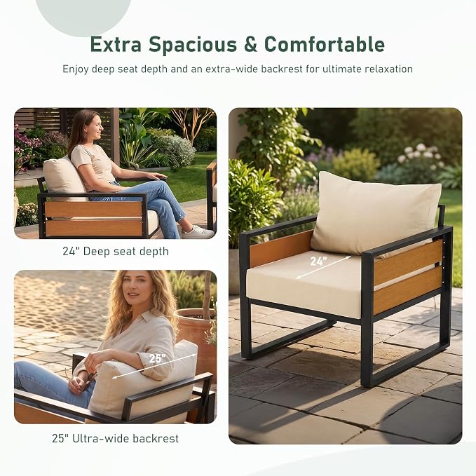 Furnimart Patio Furniture Set, 2-Piece Metal Outdoor Sectional, 2-Seat Patio Conversation Set with Deep Seating, Thick Cushions & Coffee Table for Backyard, Porch & Deck, Beige