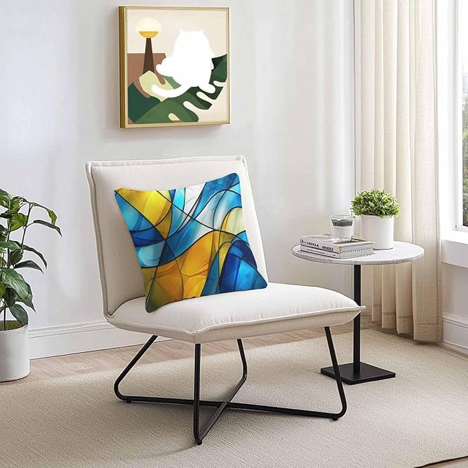 Abstract Art Outdoor Waterproof Pillow Covers Set of 2, Blue Yellow Gradient Wavy Lines Geometric Modern Pillowcase Decorative Throw Cushion Cases for Patio Garden Couch 16 x 16 Inches