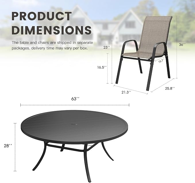 11 Pieces Outdoor Dining Set, 63" Round Table with Umbrella Hole & Stackable Patio Dining Chairs, Patio Table and Chairs Set for Deck Garden Porch, Brown Chairs & Black Table