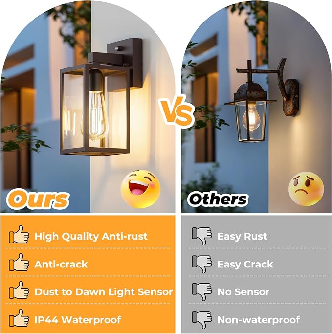 FOLKSMATE 2 Pack Dusk to Dawn Outdoor Wall Light Fixtures, Exterior Porch Light, Waterproof Wall Sconces Lanterns, Sensor Lighting Wall Mount for House Doorway Garage, Dark Chocolate