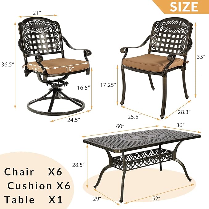 7-Piece Outdoor Patio Dining Set, 60” Rectangular Cast Aluminum Dining Table with Umbrella Hole and 4 Stationary, 2 Swivel Rocker Chairs, 6 Cushioned, Backyard, Patio, Garden