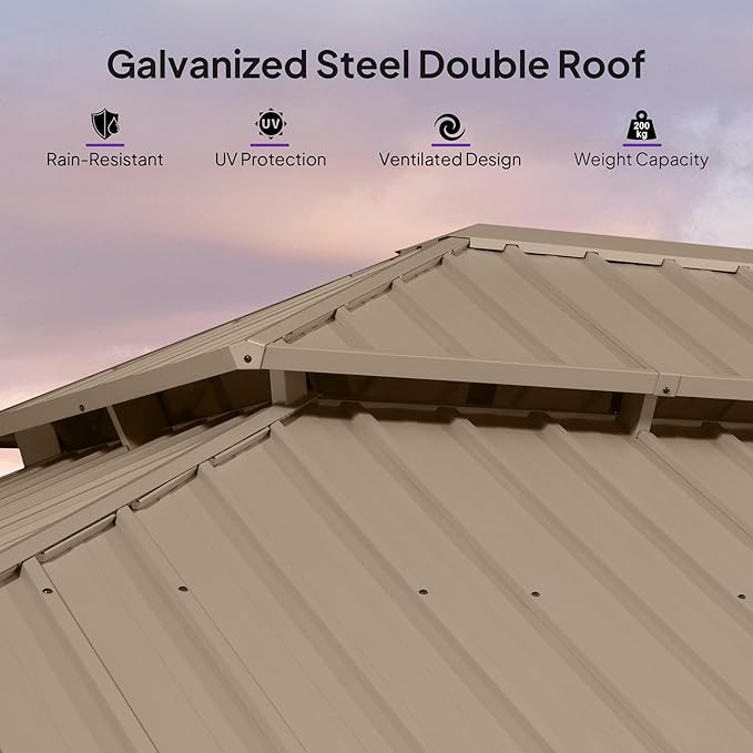 PURPLE LEAF Outdoor Gazebo 14'X24'，Champagne Hardtop Gazebo with Galvanized Steel Double Roof, Permanent Patio Gazebo with Curtains and Netting for Patio Lawn Garden and Deck
