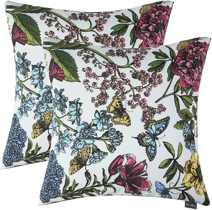 FUNHOME Water Resistant Outdoor Throw Pillows for Patio Furniture,18x18 Inch Decorative Pillows Set of 2 with Insert,Hidden Zipper Headrests for Sofa Couch Chair(Butterfly Flower)