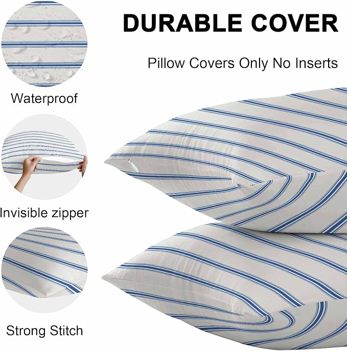 Vandarllin Outdoor Throw Pillows Covers 26x26 inch Set of 2 Waterproof Blue Stripes Decorative Zippered Cushion Covers for Patio Furniture, Abstract Lines Striped Lumbar Pillowcases