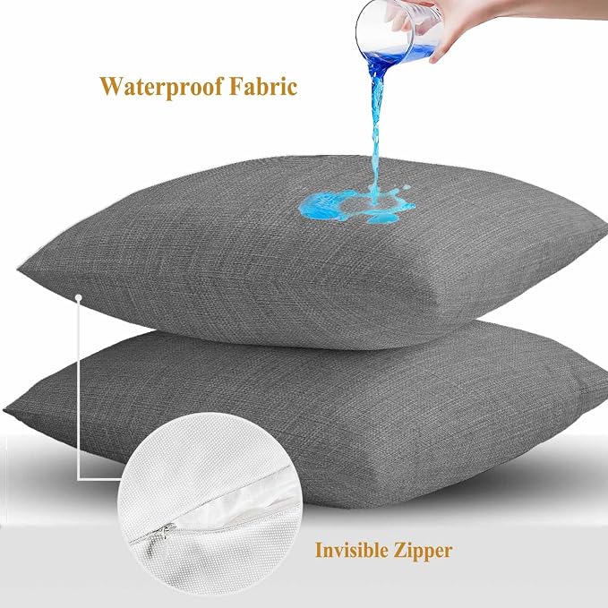 Outdoor Waterproof Throw Pillow Covers Set of 2 Grey Linen Pillowcases 26x26 Inches Farmhouse Pure Color Decorative Pillows Cushion Case Patio Pillows for Couch Bed Chair Garden