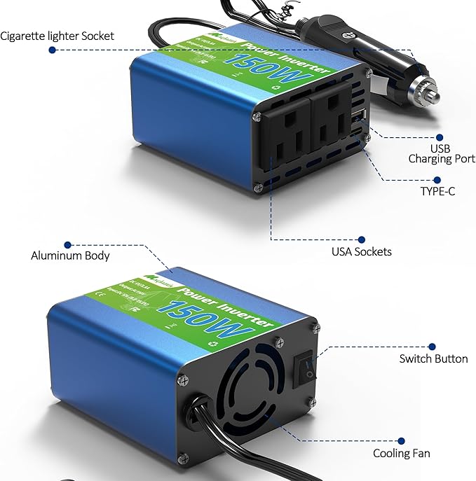 150W Power Inverter - Converter Vehicle Adapter Plug Outlet 12v to 110v, Car Plug Adapter 300W Peak with 2 AC Outlets, for Vehicles, Cigarette Lighter Outlet for Phone/Laptop