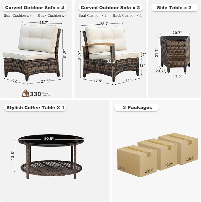 MEISSALIVVE 9-Piece Half-Moon Curved Outdoor Patio Furniture Set, Sectional Conversation Sofa with Wood Armrests, Coffee & Side Tables for Backyard Deck Garden,Beige