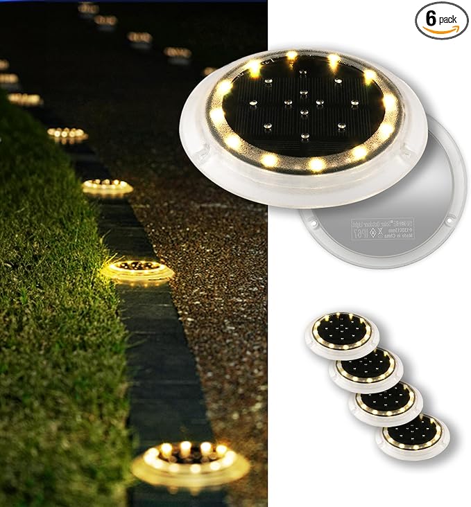 SHONELIGHTING Solar Dock Lights Outdoor Waterproof, Flat Low Profile Disc LED for Deck, Driveway, Ground & Pathway, Anti-Slip & Anti-Trip (Warm White, 6Pack)