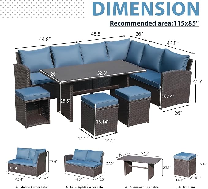 JOIVI Patio Furniture Set, 7 Piece Patio Dining Sofa Set, Outdoor Sectional Sofa Conversation Set All Weather Wicker Rattan Couch Dining Table & Chair with Ottoman, Aegean Blue