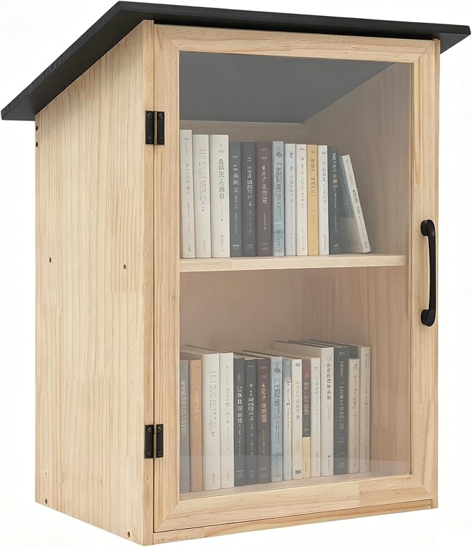 Little Outdoor Library Box, 2-Tier Waterproof Free Library Wooden Cabinet, 15.7 x 11 x 22.4 Inch Small Storage Box for DIY, Neighbourhoods, Communities and Kids to Share Books, Magazines, Artworks