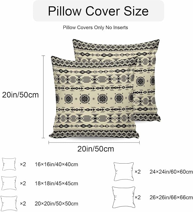 Black Khaki Boho Outdoor Pillow Covers 24x24 Inch Throw Pillow Covers Set of 2 Waterproof Decorative Pillow Cases Vintage Ethnic Tribe Abstract Art Retro Cushion Covers for Patio Furniture Garden