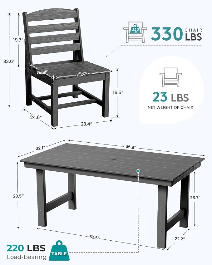 SERWALL Armless Outdoor Dining Chair Set of 2, All Weather Resistant, Gray | Armless Dining Chairs built to last with 330 lb capacity. Compact 24.6"Dx19.3"Wx33.6"H. Weatherproof & easy to clean.