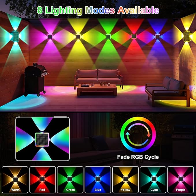 AUDLES Solar Fence Lights Outdoor, New 4-Way Lighting Fence Lights Solar Powered with 8 Modes Warm White/RGB, IP65 Waterproof Solar Wall Light for Backyard Wall Pathway Deck Patio Decor - 8 Pack
