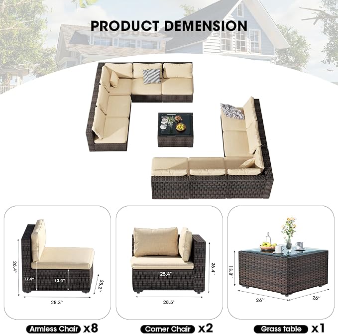11 Piece Patio Furniture Set All Weather PE Rattan Outdoor Sectional Sofa Couch with No-Slip Cushions and Glass Top Table for Garden, Poolside, Backyard (Beige)