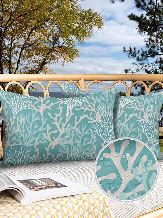 Outdoor Waterproof Throw Pillow Covers Set of 2 Turquoise Coral Lumbar Pillowcases 20x12 Inches Nautical Coastal Marine Life Patio Decorative Pillows Cushion Case Patio Pillows for Couch Bed Garden