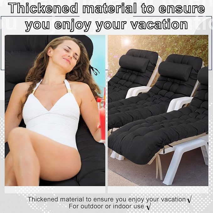 Tudomro Outdoor Chaise Lounge Cushion 66x21x4'' Waterproof & Fade-Resistant Patio Pool Chaise Lounge Cushion Headrest Pillow Tie Replacement Rocking High Back Chair(Black,1 Pcs)