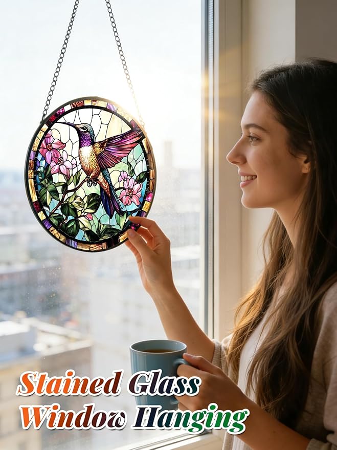 Hummingbird Stained Glass Suncatcher Window Hanging Flowers Gifts for Mom | 6.3in Garden Sun Catcher, Bird Pink Flowers Ornament for Door Home, Gift for Bird Lovers Grandma & Mother's Day Christmas
