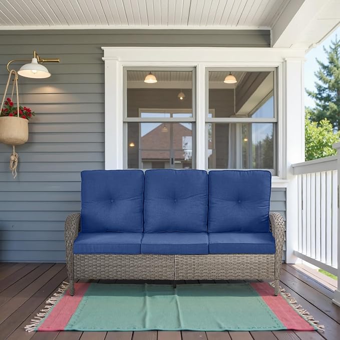 Belord Outdoor Patio Furniture - Wicker Sofa with Removable Cushion, 3 Seater Rattan Couch with Deep Seat, High Backrest, All-Weather for Balcony, Deck, Backyard, Gray/Blue