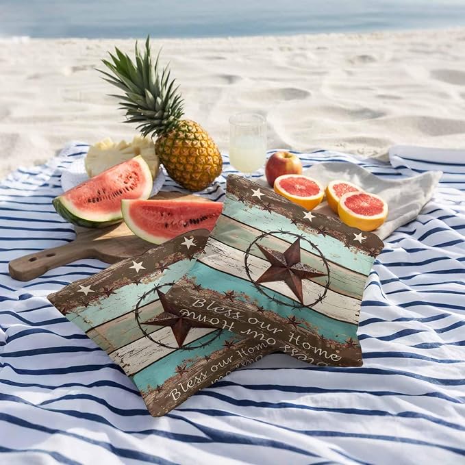 Teal Brown Texas Star Vintage Outdoor Pillow Covers 16x16 Inch Throw Pillow Covers Set of 2 Waterproof Decorative Pillow Cases Farmhouse Country Wooden Cushion Covers for Patio Furniture Garden Couch