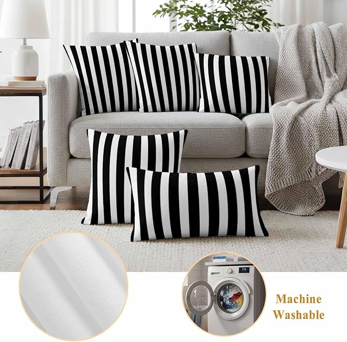 Outdoor Pillow Covers,Black White Geometric Stripe Decorative Throw Pillow Cover Waterproof Pillowcase Set of 2,Linen Cushion Case for Sofa Couch Bed 16x16 Inch,Modern Minimalist Line