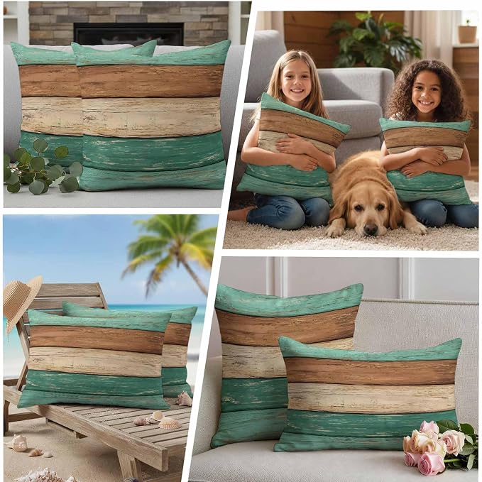 Farmhouse Teal Brown Outdoor Waterproof Pillow Covers, Vintage Wooden Striped Decorative Square Throw Pillowcase Sofa Cushion Sham for Patio/Couch/Chair, 20"x20" 2 Pack