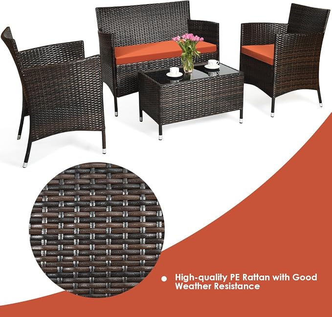 4 Pieces Patio Sofa Set, Wicker Conversation Set with Ergonomic Curved Backrest, Patio Rattan Furniture Set with Water-Resistant Cushion & Tempered Glass Table for Balcony, Porch (Orange)