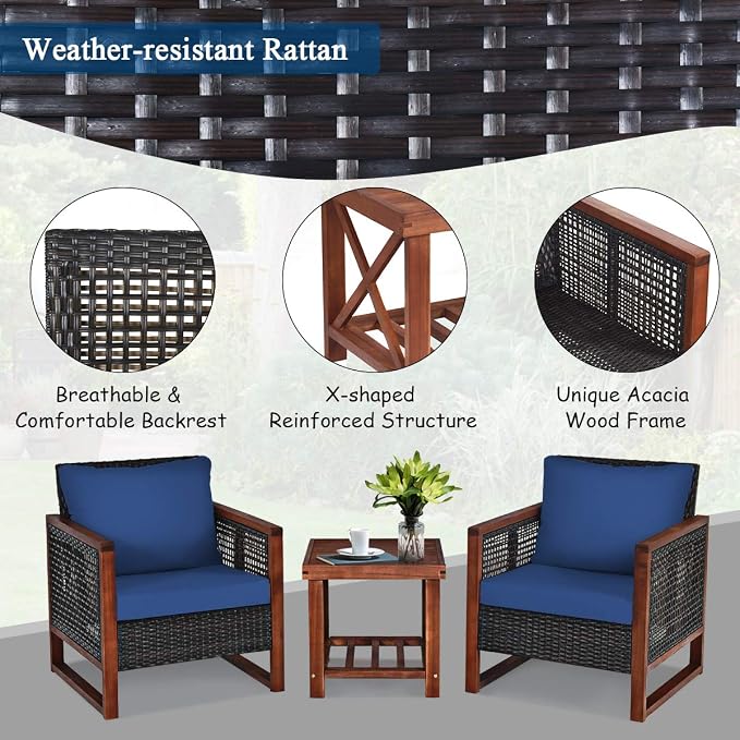 Tangkula 3 Pieces Patio Wicker Furniture Set, Rattan Outdoor Sofa Set w/Washable Cushion & Acacia Wood Coffee Table, Conversation Bistro Set for Garden Balcony Backyard (Blue)