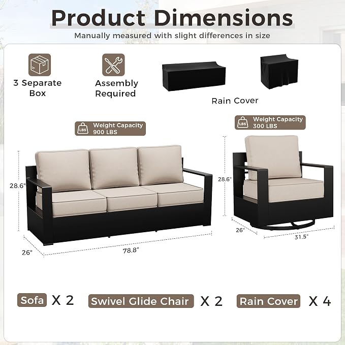 Outdoor Patio Furniture Set, 4-Piece Aluminum Patio Conversation Set All-Weather Metal Outdoor Sectional with 6 Inch Thick Cushions, Deep Setting for Garden, Outside and Porch, Beige