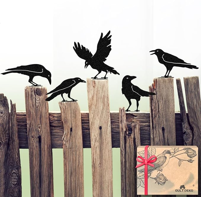 OULYDEKO Raven Decor,Metal Birds Black Bird Crow Statue,Raven Statue Fence Topper Fake Crow,Crow Decor Garden Ornament Fence Topper Gothic Home,Crow Decor,Witchy Garden Decor,Halloween Decorations