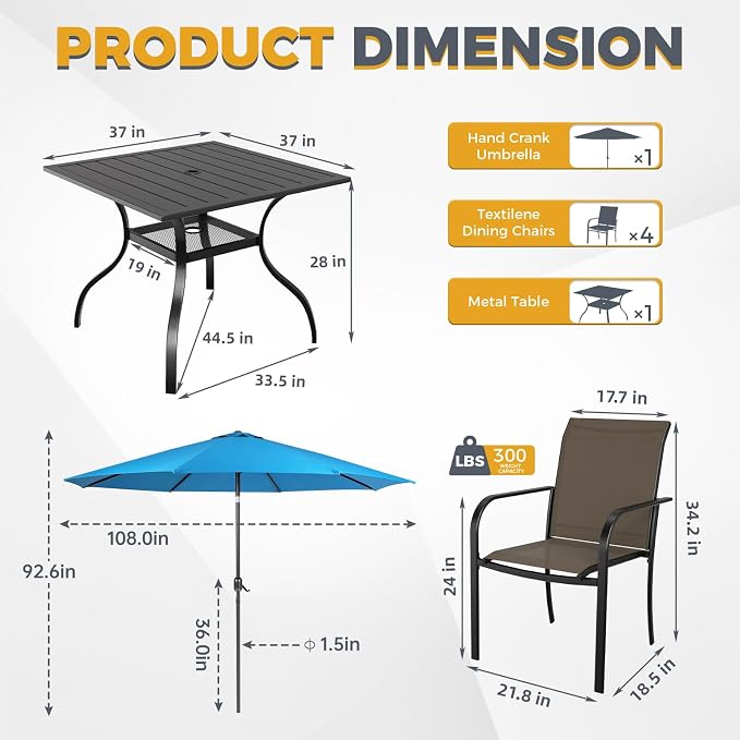 SUNCROWN 6 - Piece Outdoor Dining Set, Patio Furniture Set with 4 Textilene Dinning Chairs, 1 Steel Slat Metal Bistro Table and 1 Sky Blue 9Ft Patio Umbrella for Lawn Garden Backyard Deck, Brown