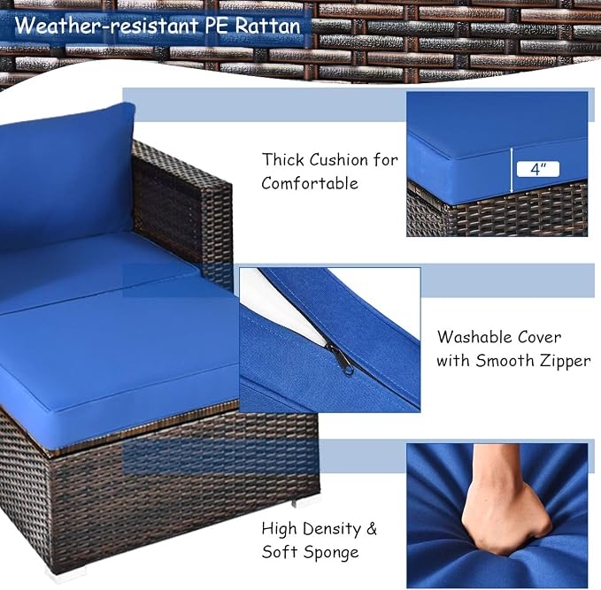 Tangkula 6 Pieces Wicker Patio Furniture Set, PE Rattan Outdoor Sectional Conversation Set with Glass Coffee Table & Ottoman, Wicker Sofa Set with Cushions for Yard Garden, Deck, Porch, Navy