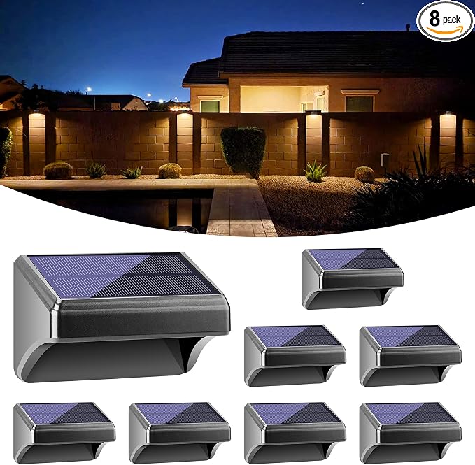 Bridika Solar Fence Lights Warm White & White, Solar Outdoor Wall Lights, Fence Solar Lights Outdoor Waterproof for Step, Backyard, Fence, Wall, Patio, Deck Railing, Stair (8 Pack)