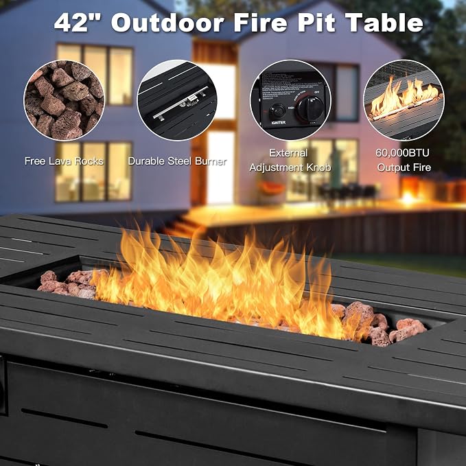 Tangkula 9 Pieces Patio Rattan Furniture Set, Patiojoy Sectional Sofa Set w/Storage Box, Coffee Table, Outdoor Wicker Conversation Set w/ 42” ETL Approved Propane Fire Pit Table (Turquoise)