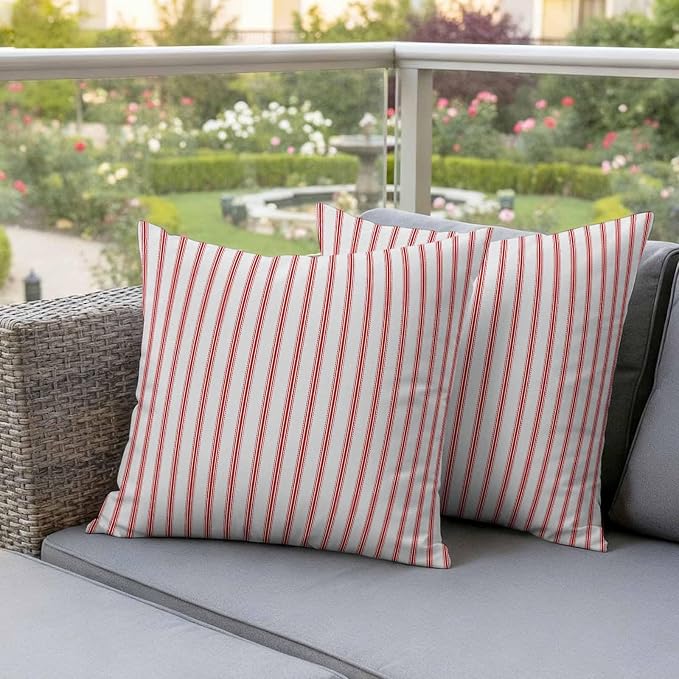 Outdoor Pillow Covers 18x18 Set of 2 Red Stripes Outdoor Pillows Waterproof Throw Pillow Covers Red Beige Vertical Striped Pillowcases Decorative Case for Patio Cushion