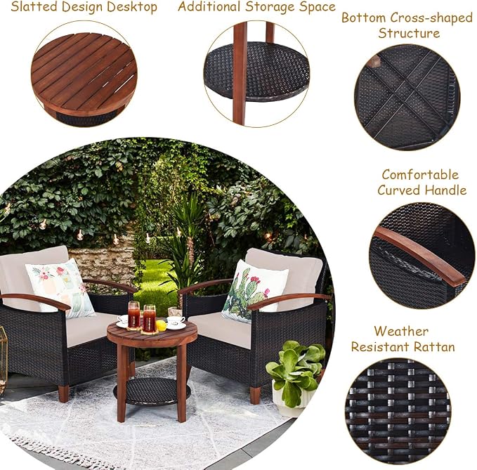 COSTWAY 3PCS Patio Rattan Furniture Set, Outdoor Solid Wood Frame Cushion Sofa with Round Table for Garden Porch Backyard Poolside (Beige)